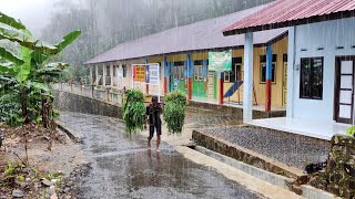 Walking in the rain for 3 hours, heavy rain in a beautiful village, rain video for sleep in 5 minute