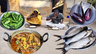 silver carp FISH CURRY with BRINJAL and BROAD BEANS fry cooking and eating |rural tribe life