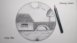 circle scenery river side in bridge drawing! circle drawing with step by step! back pencil sketch