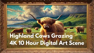 Highland Cows Grazing: Serene 10-Hour 4K Digital Art Loop