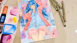 Anime Watercolour Illustration | anime Watercolour tutorial #イラストメイキング #animegirl #watercolor