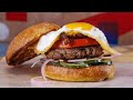 Rachael's Garlicky Burgers with Bacon, Beefsteak Tomato and Parm Frico Eggs and Quick Pickles