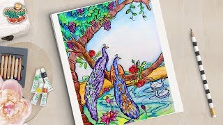 Peacock scenery drawing | How To Draw a peacock scenery