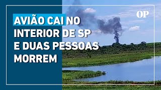 Avião cai no interior de São Paulo e duas pessoas morrem; vídeo mostra canavial em chamas após queda