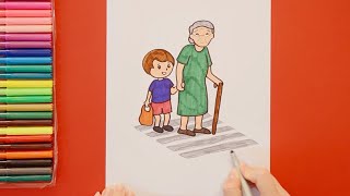 How to draw Helping Elders (Grandparents) #art #artforall #arttutorial #easydrawing