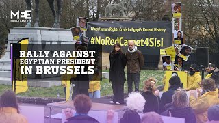 Human rights activists protest in Brussels as Egyptian president arrives for EU-AU summit