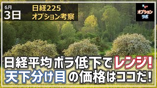 【日経225オプション考察】6/3 日経平均 ボラティリティ低下でレンジに。上か下か、天下分け目の価格帯はここだ！