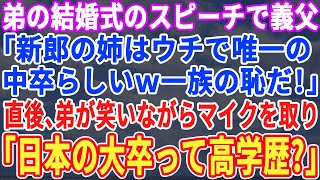 【スカッとする話】弟の結婚式のスピーチで義父が私に対して「お前の様な中卒は一族の恥」→直後、激怒した弟がマイクを奪い「姉の職業ご存じですか？」→義父が顔面蒼白になり…【修羅場】