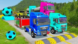 Double Flatbed Trailer Truck vs Speedbumps Train vs Cars |Tractor vs Train Beamng.Drive #beamngdrive