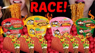 ASMR SPICY BULDAK RAMEN NOODLES \u0026 TACOS RACE! *BIG BITES* 먹방