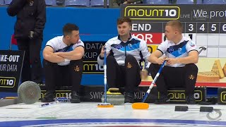 #ecc2021 Bruce Mouat (SCO) breaks Eye on the Hog handle / Steffen Walstad (NOR) survives a scary end