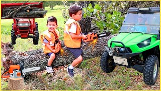 Helping dad with toy chainsaw, tractor, gator and kids ride on truck | Super Krew