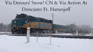 (4K) Via Detours! Snow! CN \u0026 Via Action At Doncaster Ft. Hamesjeff