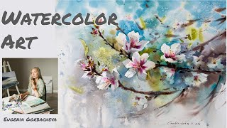 How to paint a flower in watercolor | Painting Flowering almond tree, Tutorial by Eugenia Gorbacheva