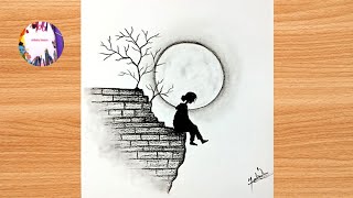 How to draw a sad girl sitting alone with pencil step by step, Moonlight drawing for beginners