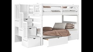 360 View of the Bedz King BK906 Twin over Twin Stairway Bunk Bed with 2 Under Bed Drawers in White