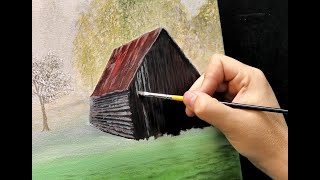 Simple Rustic Barn Acrylic Painting Tutorial #painting #art #paintingwood