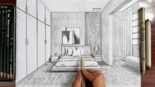 Drawing A Bedroom In One Point Perspective | Timelapse
