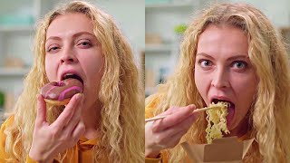 Eating Donuts and Noodles Closeup | Eating Delight - Eating Sweet (Slow motion Mukbang)