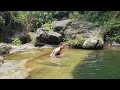 young girl camping alone by the stream