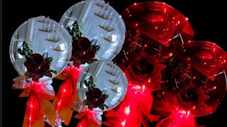 DIY VALENTINES DAY BUBBLE BOBO BALLOON WITH  ROSE AND LED LIGTHS||VALENTINES DAY BALLOON BOUQUET