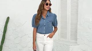 BMJL Women's Denim Shirt Puff Sleeve Blouse Best Style