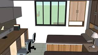 hostel room design plans in india |  11x13 feet room size 3bed, 3student study table, Storage, etc.