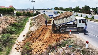 New Project, Transaction Filling Up The Land, By Bulldozer Komatsu D21p, Dump Truck 5Ton Unloading