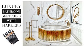 HAND RENDERING Interior Design Tutorial - Luxury BATHROOM SKETCH with MARKERS | HH Design