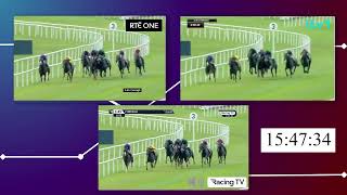 Savethelastdance wins the Juddmonte Irish Oaks - All TV Screens RTE/ITV/RacingTV