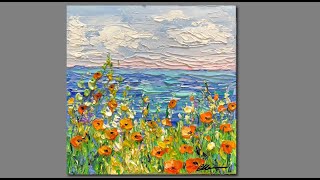 Acrylic Painting- California poppy Coastal palette knife painting