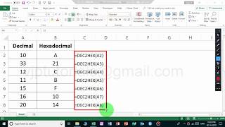 Dec2hex function example in excel