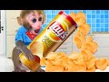 Bebé Mono Bon Bon Come un Snack Gigante de Lay's con un Cachorro Lindo en el Parque -MONO BONBON ESP