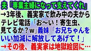 【スカッとする話】夫「専業主婦になって」と言われ結婚した3年後、義実家で飲み中の夫からテレビ電話「お～い！寄生虫、見てるか？w」義妹「お兄ちゃんをいい加減に解放してあげて」→結果