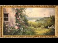 vintage tv art captivating oil painting of a house with a scenic view gold framed vintage 4k