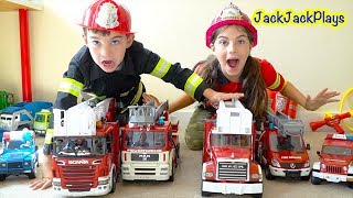 Firefighter Costume Pretend Play! Cops and Robbers, Fire Trucks, and Toys for Kids | JackJackPlays
