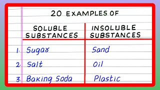 SOLUBLE AND INSOLUBLE SUBSTANCES | 5 | 10 | 20 EXAMPLES OF SOLUBLE AND INSOLUBLE SUBSTANCES