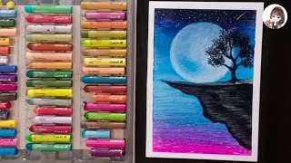 oil pastel drawing for beginners/ moonlight night scenery drawing with oil pastel #oilpastel