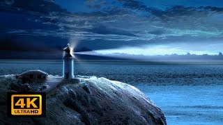 Lighthouse at Night. Calming, Soothing, and Natural Sea Sounds. 4K. Night Ocean View for Meditation.