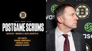 Korpisalo, Coyle, McAvoy and Sacco comment on the Bruins 6-2 loss in Columbus