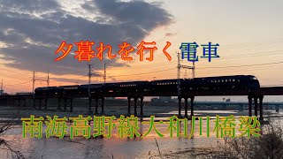 南海高野線大和川橋梁を行く電車