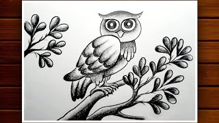 Owl Drawing with Pencil Sketch Step by Step || Bird Scenery Drawing || How to Draw Owl.