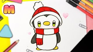 COMO DIBUJAR UN PINGÜINO NAVIDEÑO KAWAII - Dibujando un pingüino - Como dibujar animales kawaii