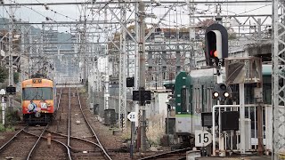 京阪 石山坂本線 600形 611-612編成 きかんしゃトーマスラッピング車 近江神宮前止まり折り返し石山寺行き 800系 815F 錦織車庫内転線 近江神宮前駅 20241116