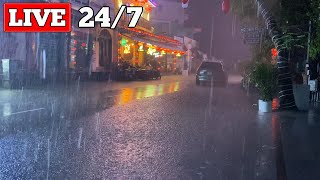Night Storm Rain at Bustling Restaurant - Heavy Rain & Strong Winds with Thunder Sounds for Sleeping