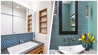 75 Blue Tile Medium Tone Wood Floor Powder Room Design Ideas You'll Love 🔴