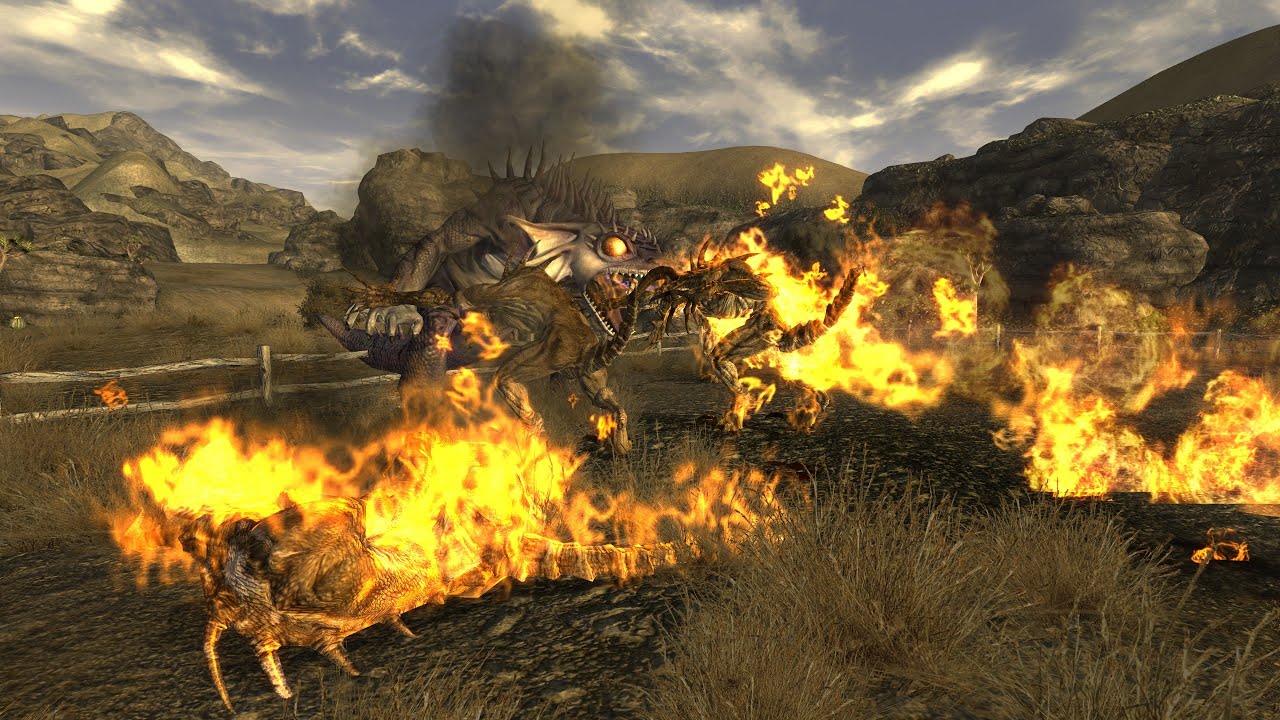 Giant Fire Gecko Gojira Vs 5 Deathclaws - Fallout New Vegas NPC Wars ...