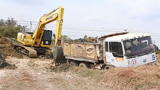 Dump Truck Stuck In Deep mud, ឡានដឹកដីកង់១០ជាប់ផុង HYUNDAI យកអេស្កាជួយរុញ KOMATSU PC210