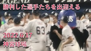 つば九郎、勝利した選手たちを出迎える 2022/6/17