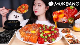 ASMR * SPICY SAUCE MARINATED SALMON 🌶 SOY SAUCE MARINATED SALMON ❗️UDON \u0026 KIMCHI (+ RECIPE) MUKBANG